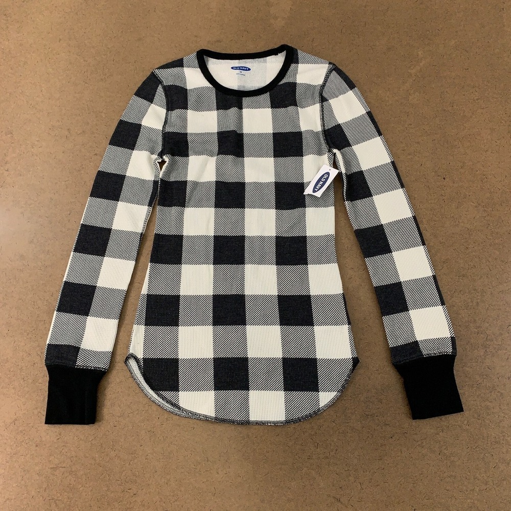 Old Navy Women's Size XS Black Buffalo‎ Plaid Thermal-Knit Long-Sleeve Tee NWT